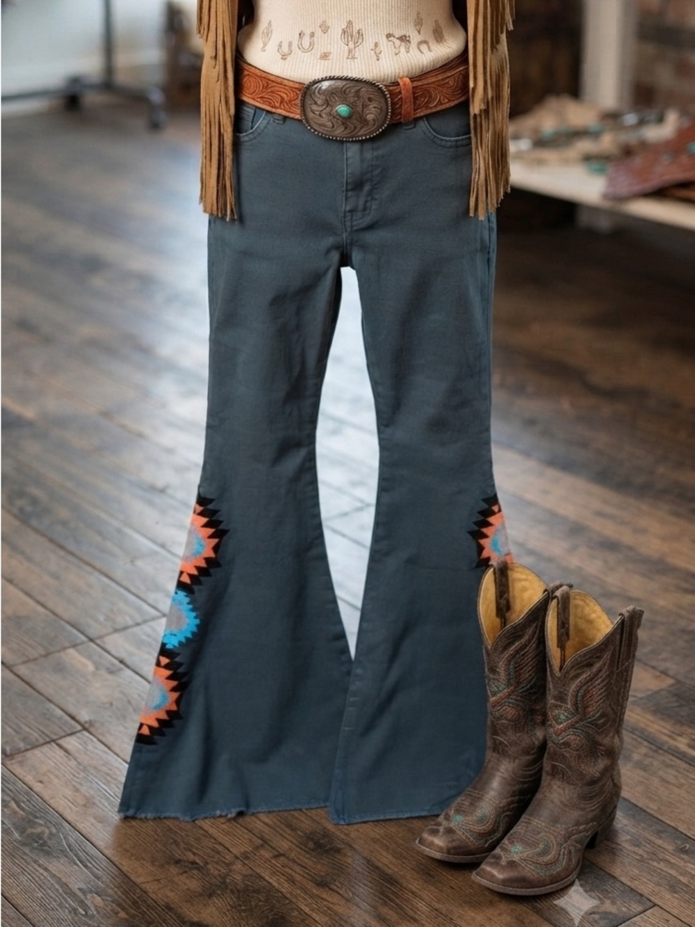 NWT Rock & Roll Cowgirl Flare Jeans with Aztec Turquoise & Orange Embroidery